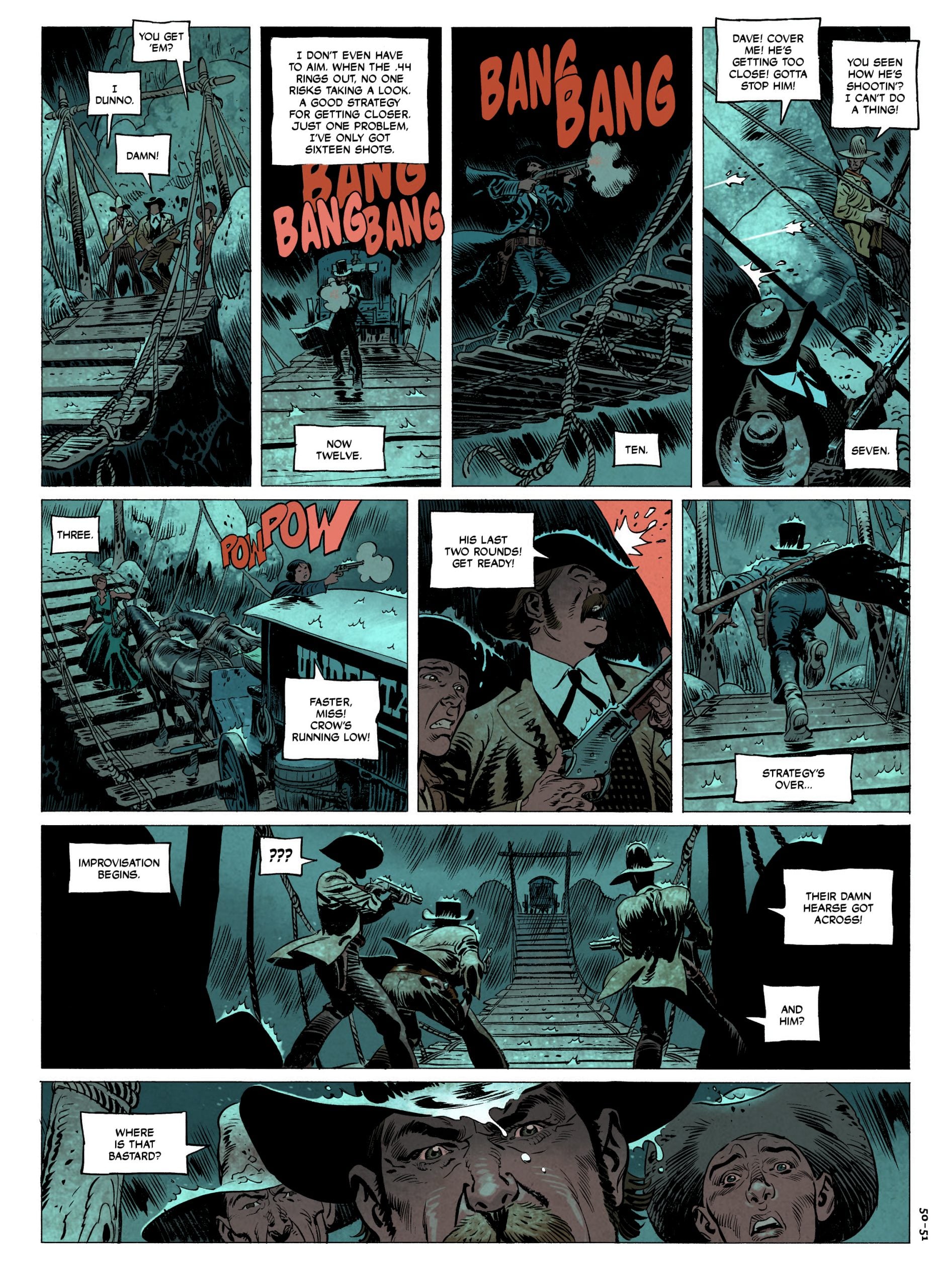 A tense shootout unfolds on a rickety bridge at night as several armed men exchange gunfire, strategize, and urgently count their remaining bullets.