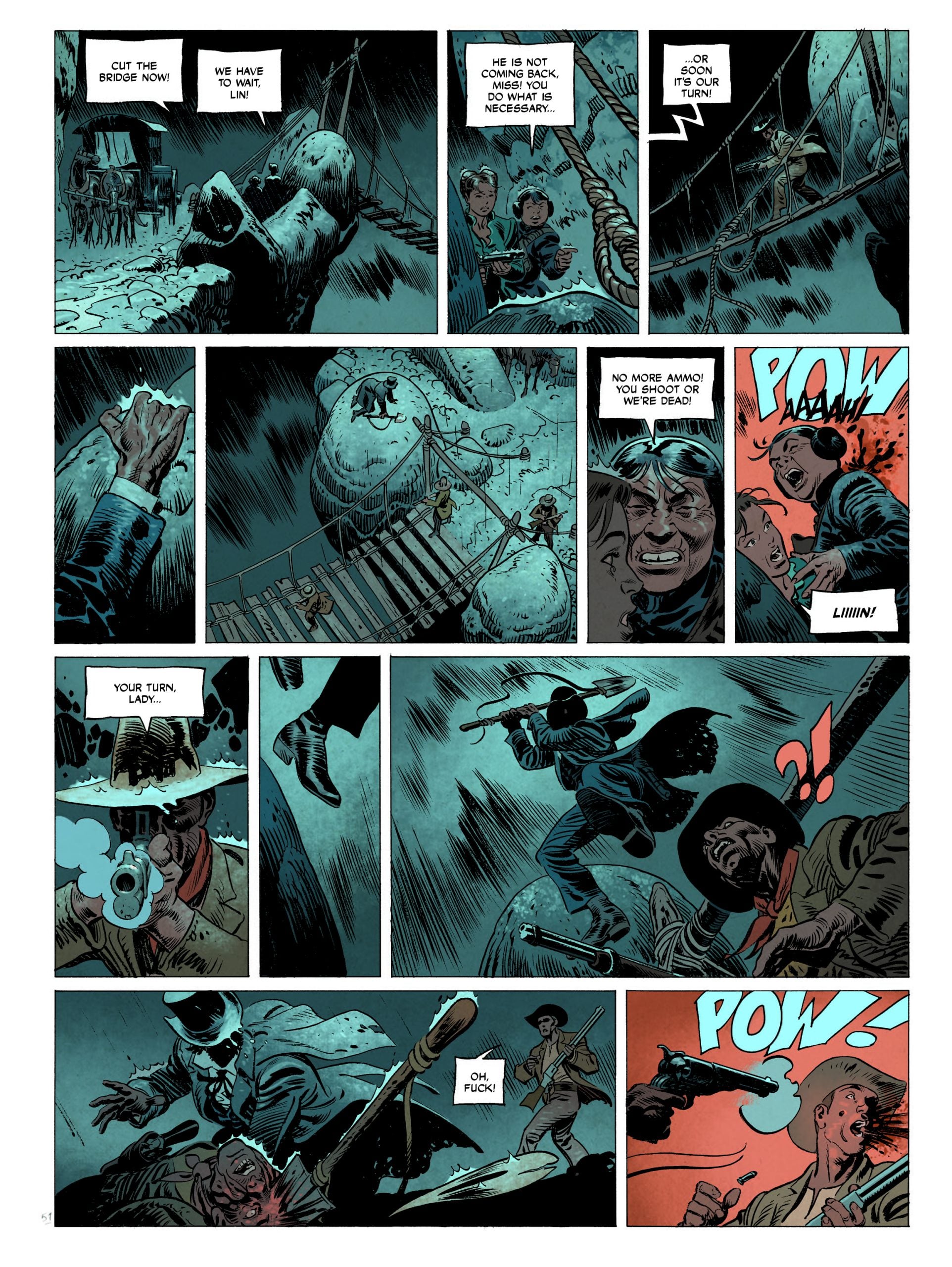 A group of armed men fight on a rope bridge at night; gunshots are fired, and one man punches another, knocking him off balance.