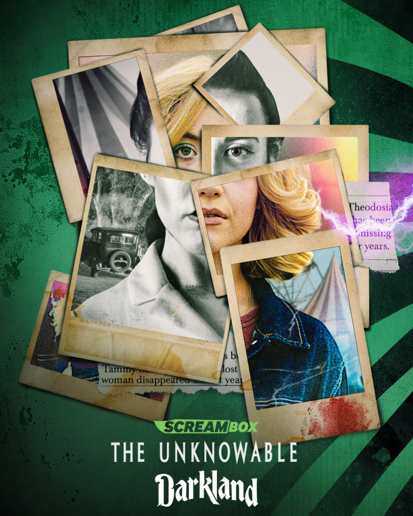 A collage of overlapping vintage photos, combining black-and-white and color images of faces, a car, and newspaper clippings, with the text "SCREAMBOX The Unknowable Darkland.