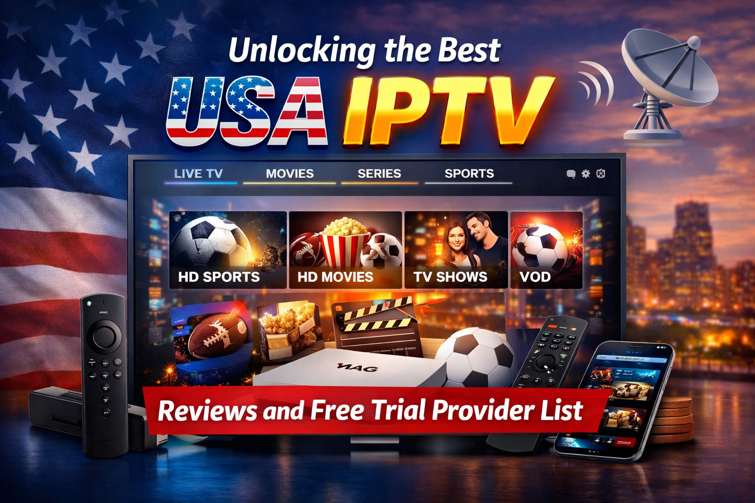 A promotional image for USA IPTV, showing a TV interface with options for sports, movies, series, and VOD, alongside streaming devices and an American flag background.