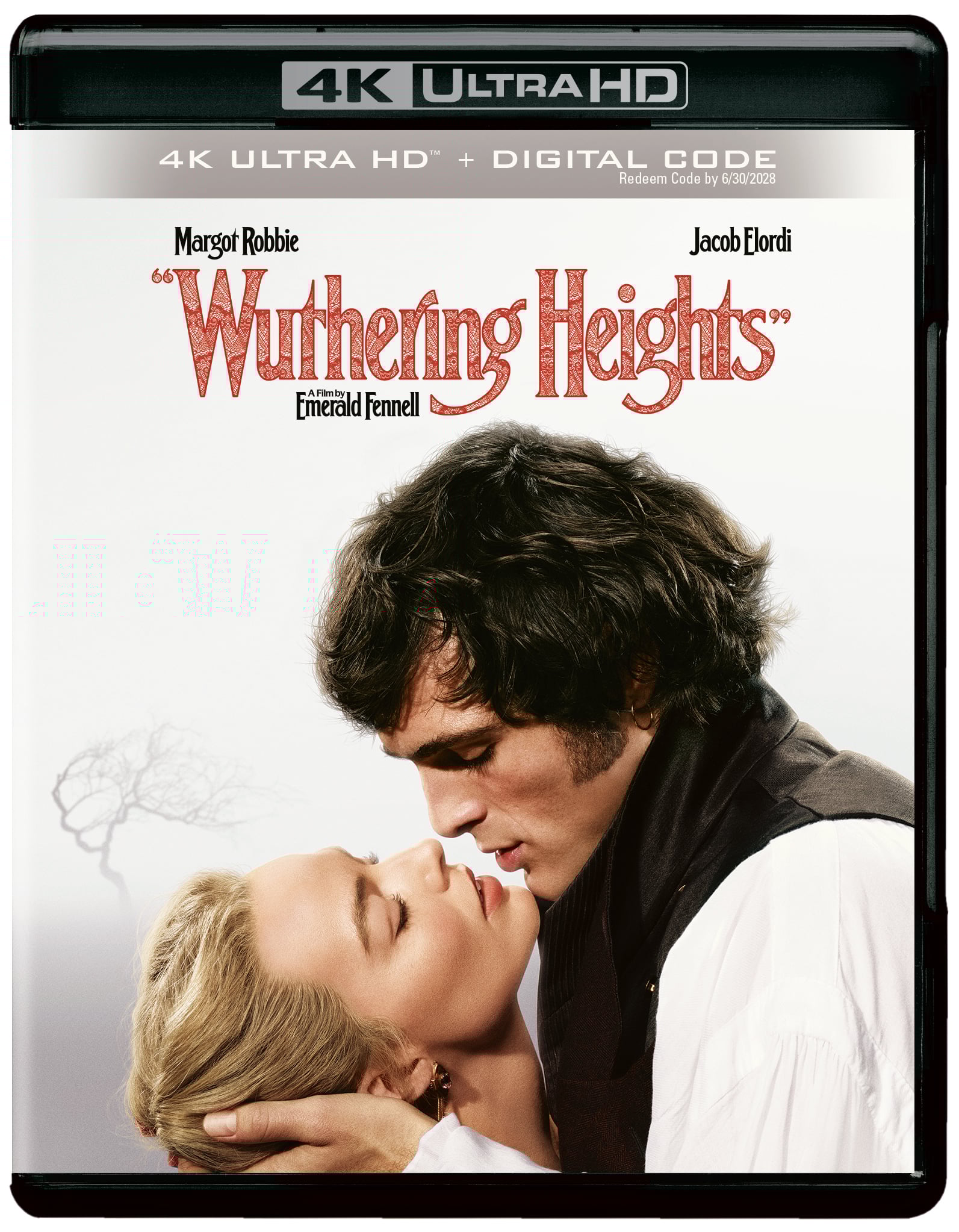A 4K Ultra HD cover for "Wuthering Heights" featuring two people in an embrace, with the title and actors' names displayed above them.