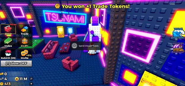 A colorful, neon-lit virtual game room with blocky furniture and text saying “You won +1 Trade Tokens!” displayed at the top. Game menus are visible on the left and right sides.