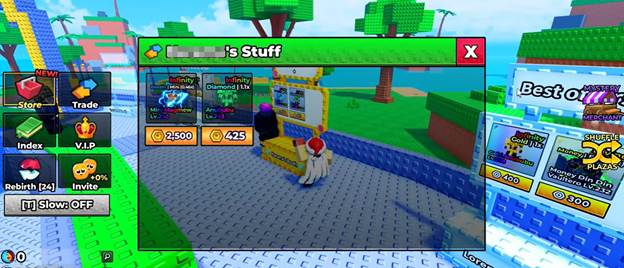 A screenshot of a Roblox game shop interface displays items for sale, in-game currency prices, and buttons for store, trade, and other options. Blocky, colorful graphics are in the background.