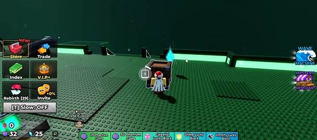 A game character in a cape stands in front of a chest on a green platform, with various menu options and stats displayed on the screen.