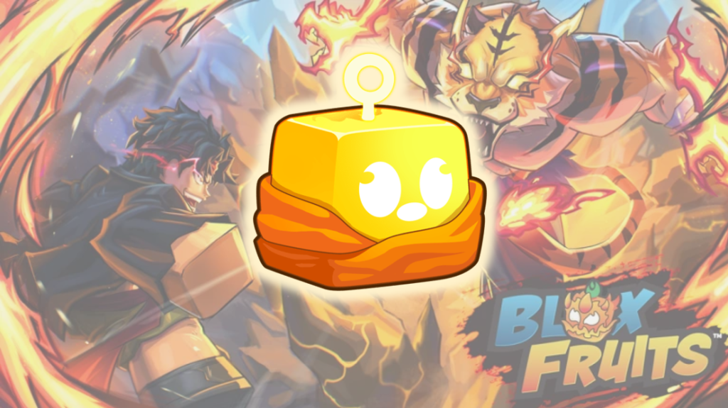 A bright yellow block character is centered over an action scene from the game Blox Fruits, showing two fighters and the game’s logo in the background.
