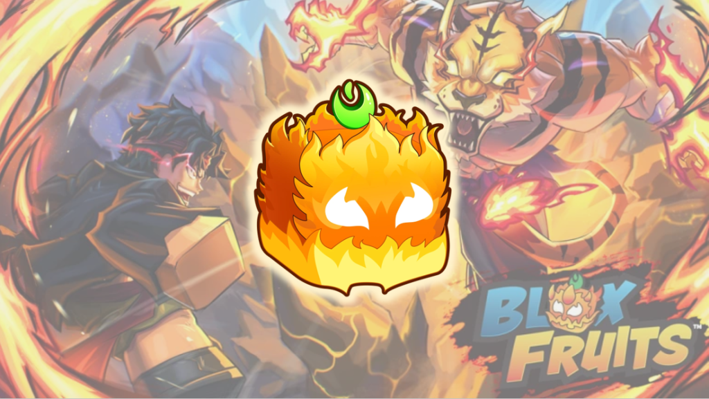 A fiery, glowing fruit with a green stem is centered over a background showing two characters in combat, with the words "Blox Fruits" visible.