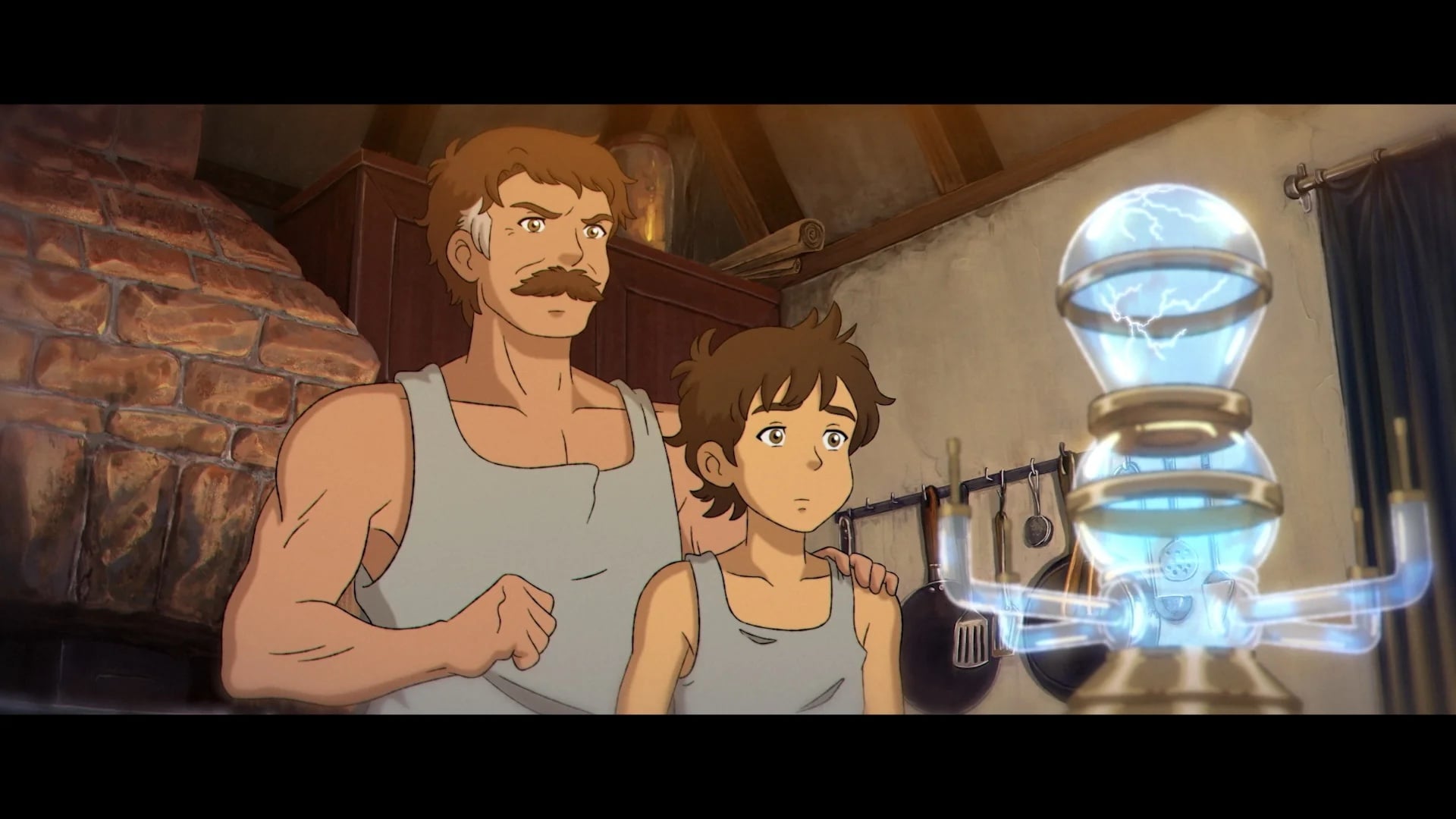 Two animated characters, an adult and a child, stand together in a rustic kitchen, looking intently at a glowing, futuristic device emitting blue light.