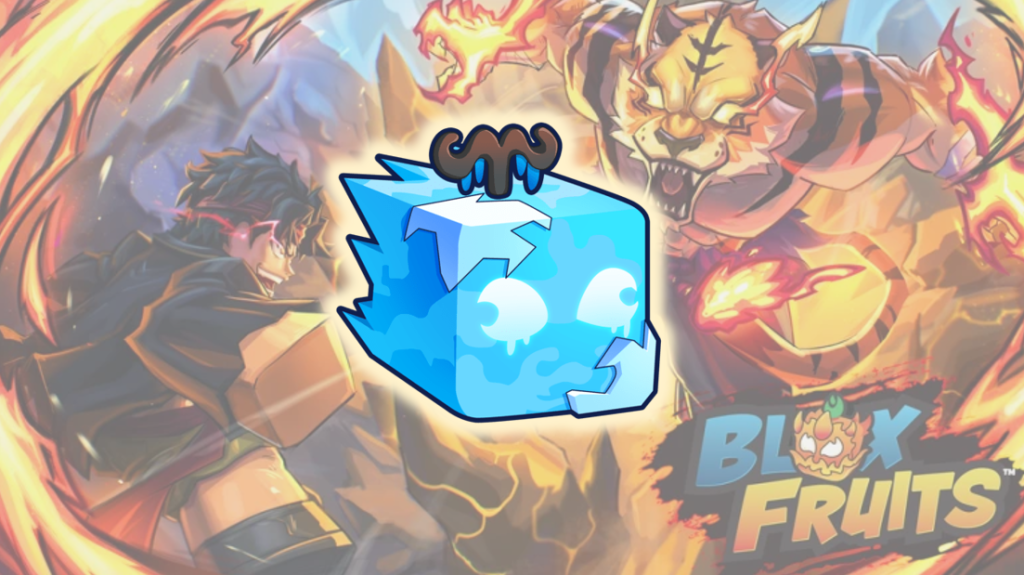 A cartoonish blue ice cube with horns is centered over an action scene with two fighters and the "Blox Fruits" logo in the background.