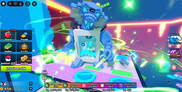 A colorful in-game scene shows a large blue robotic creature in the center, surrounded by floating items and a user interface with various menu options and scores.
