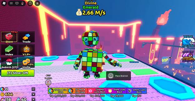 A blocky, multicolored character stands on a platform in a vibrant, neon-lit game environment with various in-game menus and stats displayed.