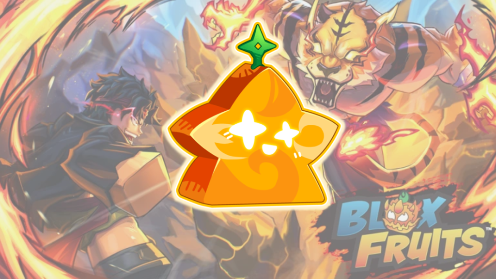 A stylized orange star-shaped icon is overlaid on an action scene featuring two characters battling with fire effects. The text "Blox Fruits" appears in the lower right corner.