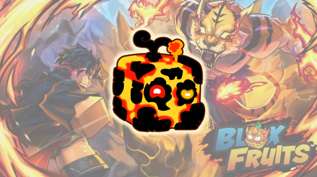 A stylized, lava-textured cube is centered over an action scene with two animated characters in battle; the "Blox Fruits" game logo appears in the bottom right corner.