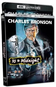 4K Ultra HD and Blu-ray cover of "10 to Midnight" featuring a painted image of Charles Bronson with a clock, gun, and running figures in the background.