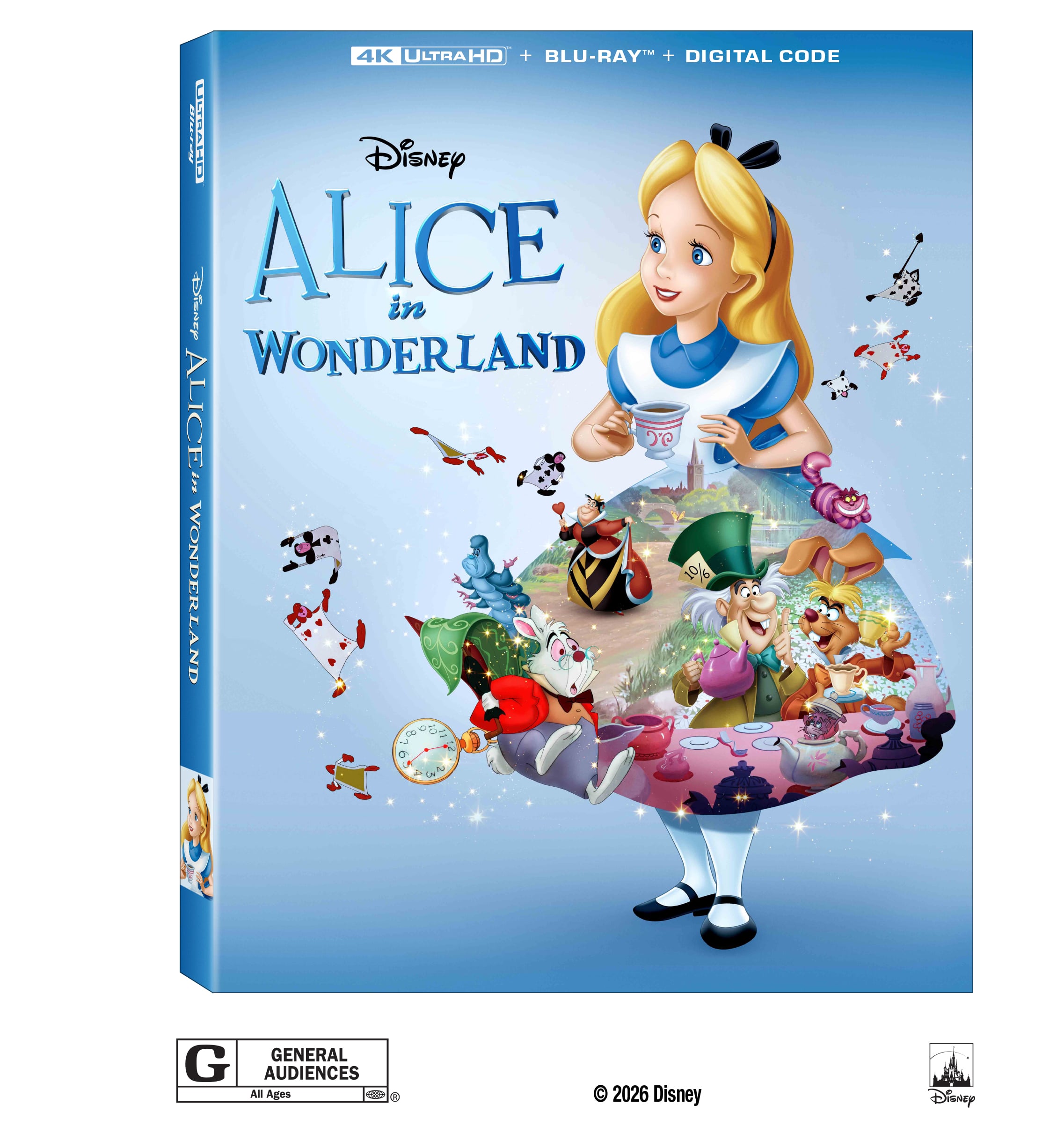 Blu-ray cover for Disney's Alice in Wonderland featuring Alice surrounded by colorful characters and objects from the movie, with a G rating and 4K Ultra HD, Blu-ray, and digital code labels.