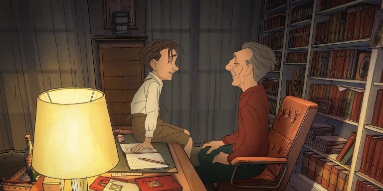 Animated scene of a boy and an older man talking in a warmly lit library, sitting across from each other at a desk with books and papers.