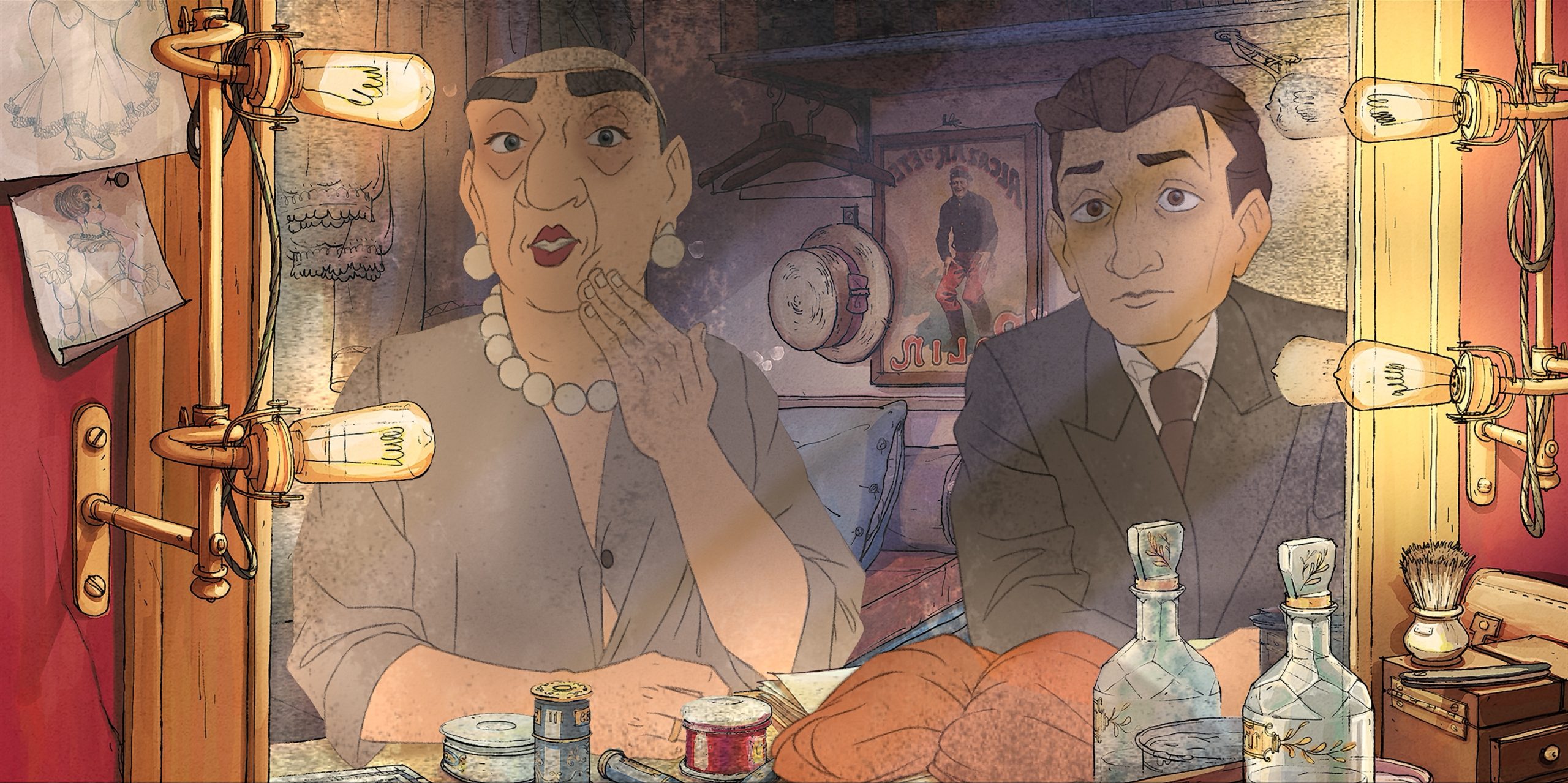Two animated characters, an older woman and a man in a suit, sit at a dressing table with makeup, brushes, and bottles, reflected in a lit mirror in a backstage setting.