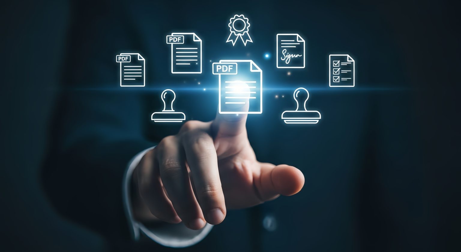 A person in a suit points at a glowing PDF document icon on a virtual screen, surrounded by icons of documents, stamps, a checklist, a signature, and an award ribbon.