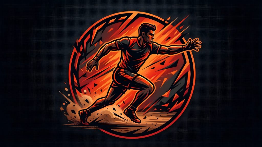 Illustration of a male athlete running forward with an outstretched arm, surrounded by dynamic orange and red streaks, conveying speed and motion.