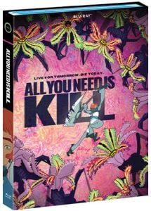 Blu-ray cover of "All You Need Is Kill" featuring an armored character wielding a large weapon amid stylized alien creatures on a vibrant, abstract background.