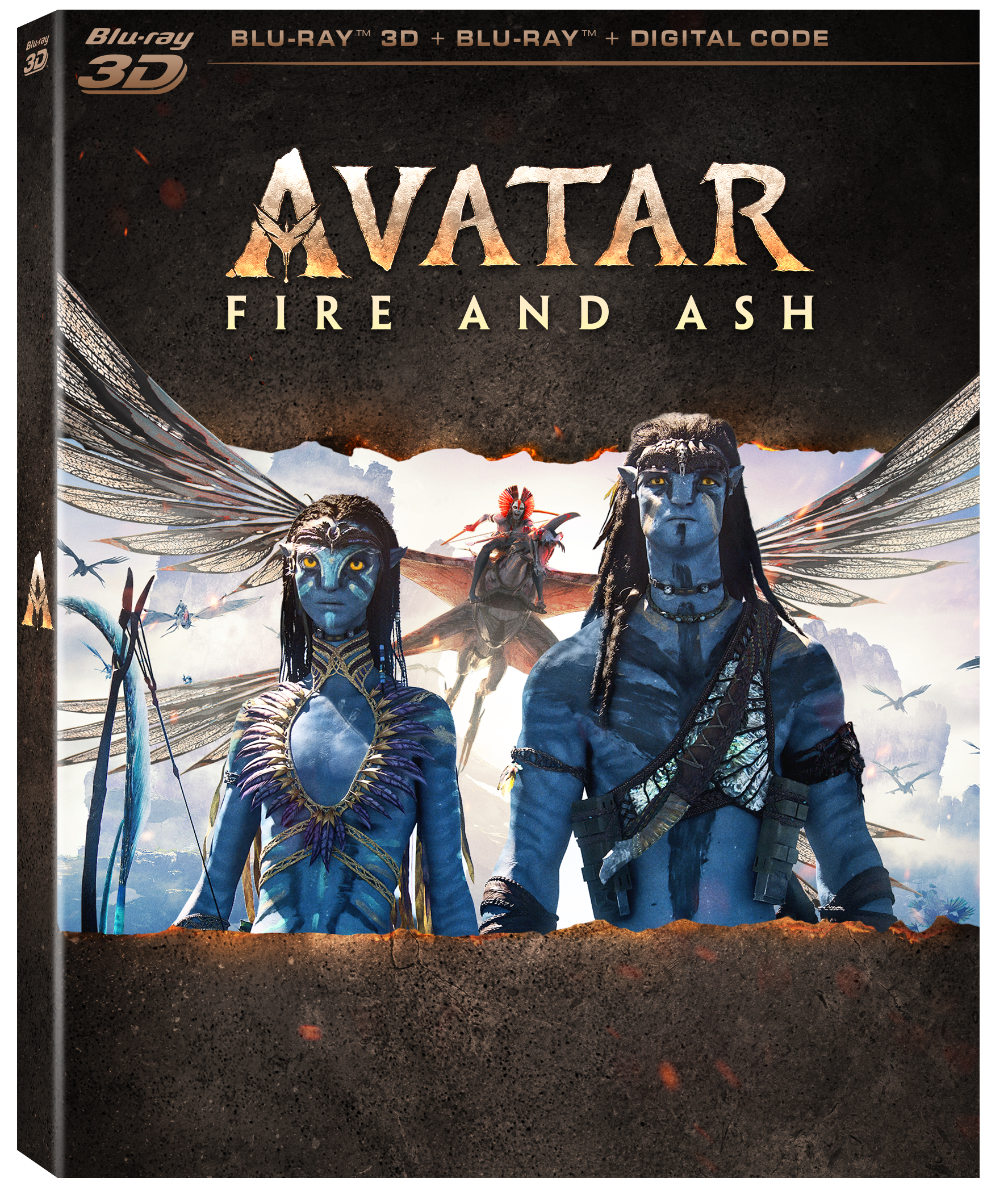 The Blu-ray 3D cover for "Avatar: Fire and Ash" shows two Na’vi characters standing in front of flying creatures with a dramatic, fiery background.