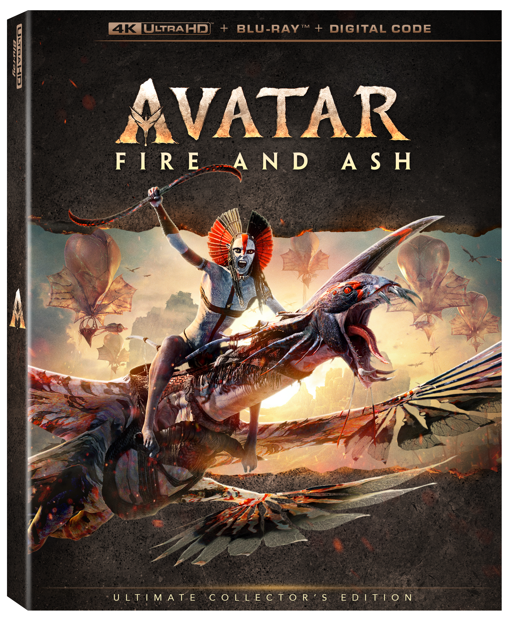 A warrior in elaborate armor rides a large flying creature with an open mouth, set against a backdrop of airships and a fiery sky. Text reads: "Avatar: Fire and Ash Ultimate Collector's Edition.