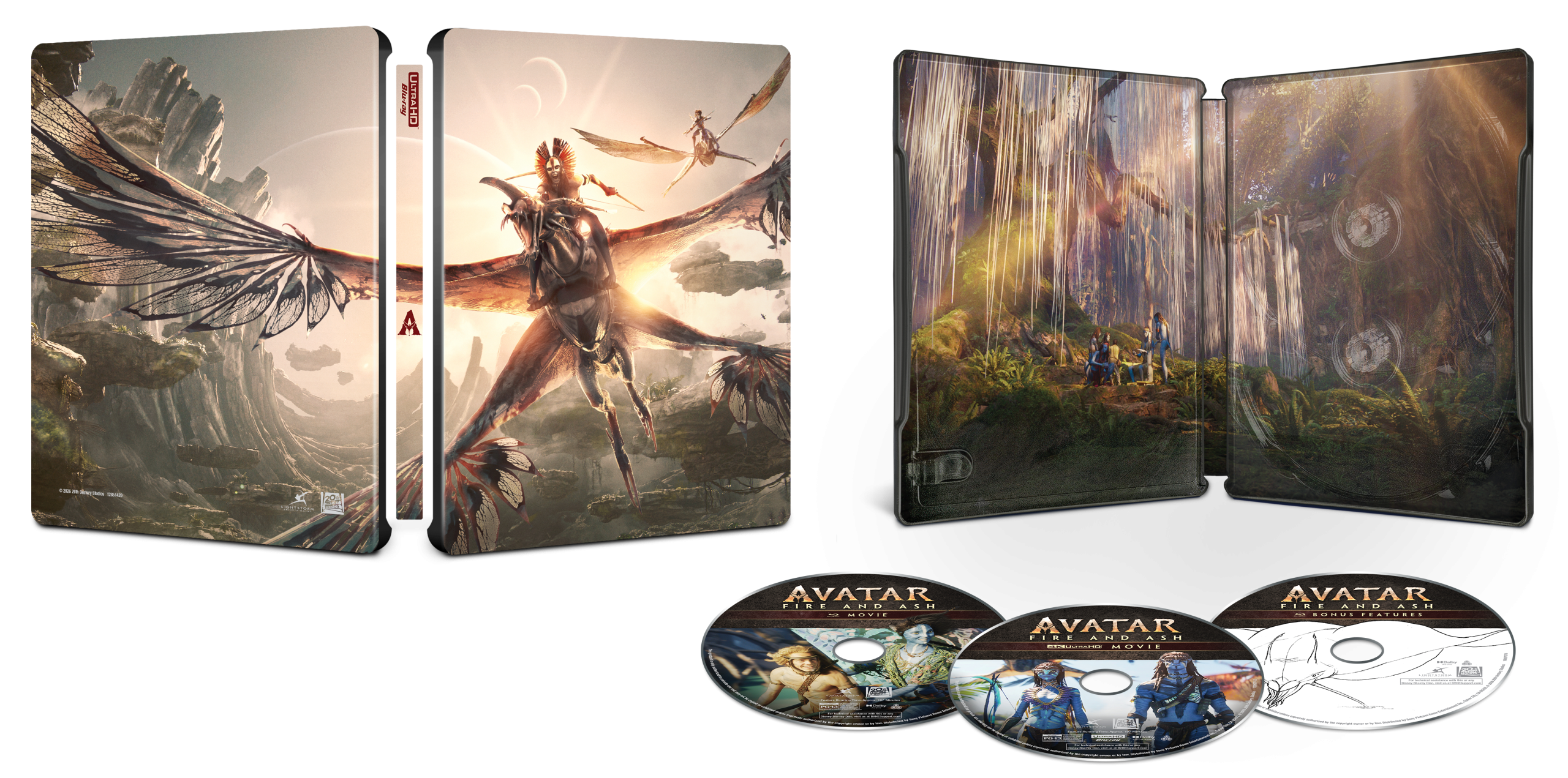 Steelbook case for "Avatar: The Way of Water" with illustrated cover art, interior artwork, and three movie discs displayed in front.