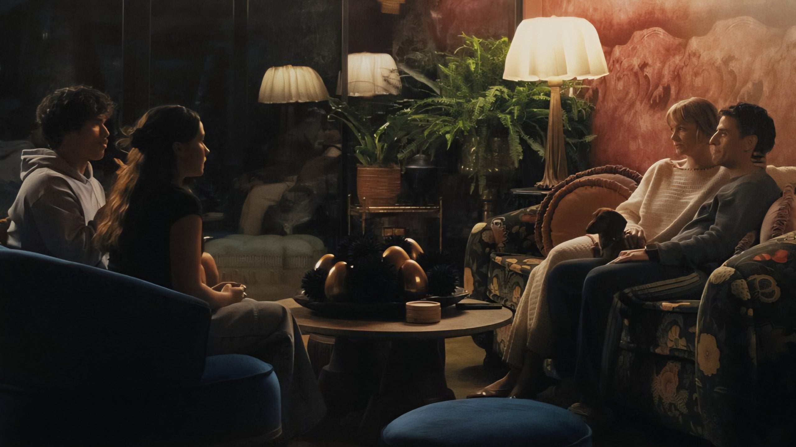 Four people sit in a dimly lit living room, facing each other in pairs on sofas and chairs around a coffee table, with lamps and plants in the background.