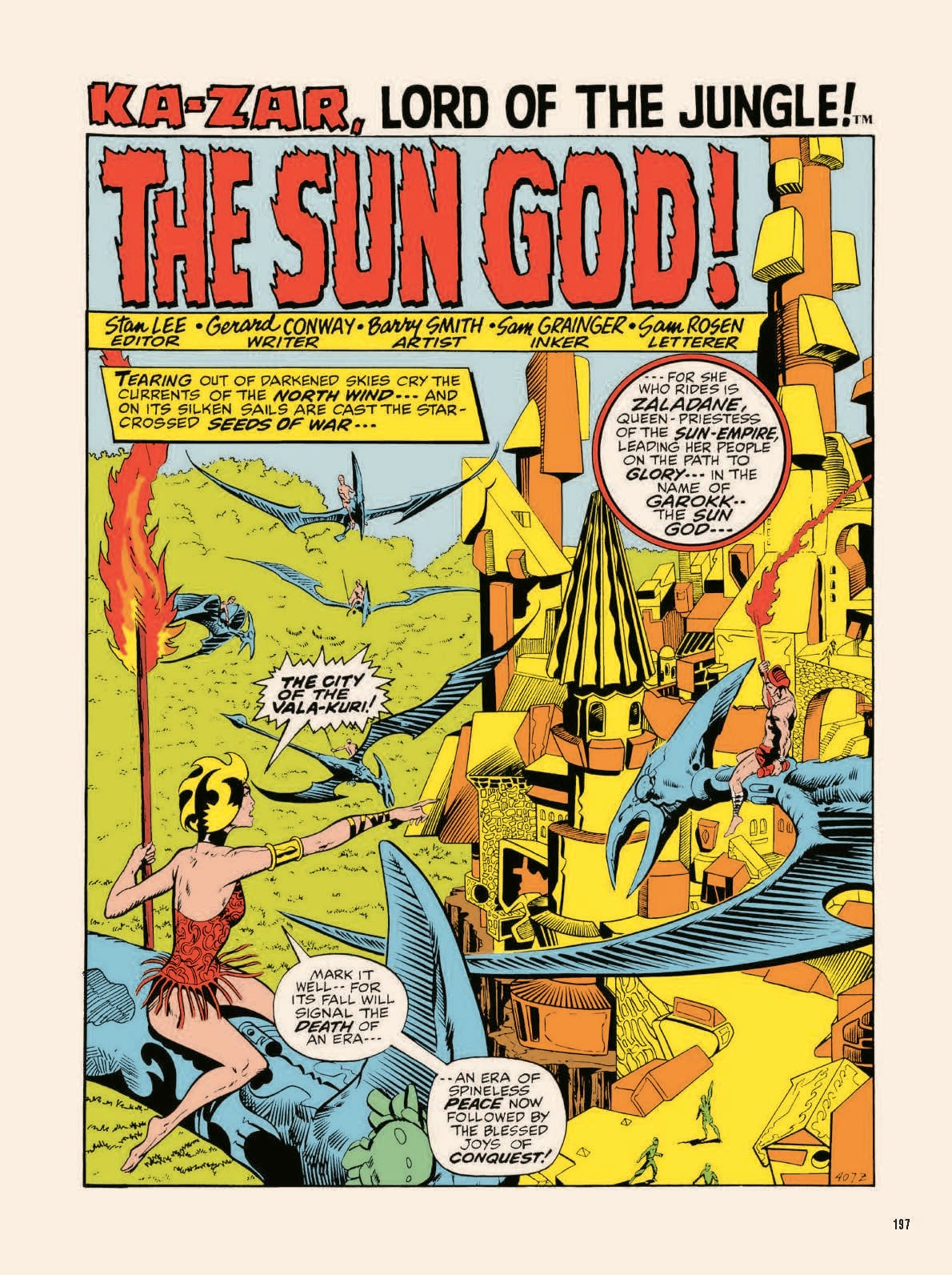 A comic book page shows a woman with a spear riding a flying creature toward a yellow fortress, with text boxes and the title "KA-ZAR, LORD OF THE JUNGLE! THE SUN GOD!" at the top.