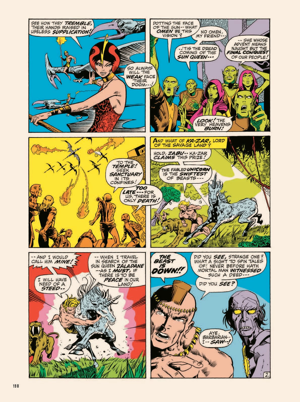 A comic book page with six panels featuring fantasy characters including a woman with a staff, a dragon, a blue-skinned figure, and a muscular man, all engaged in conversation.