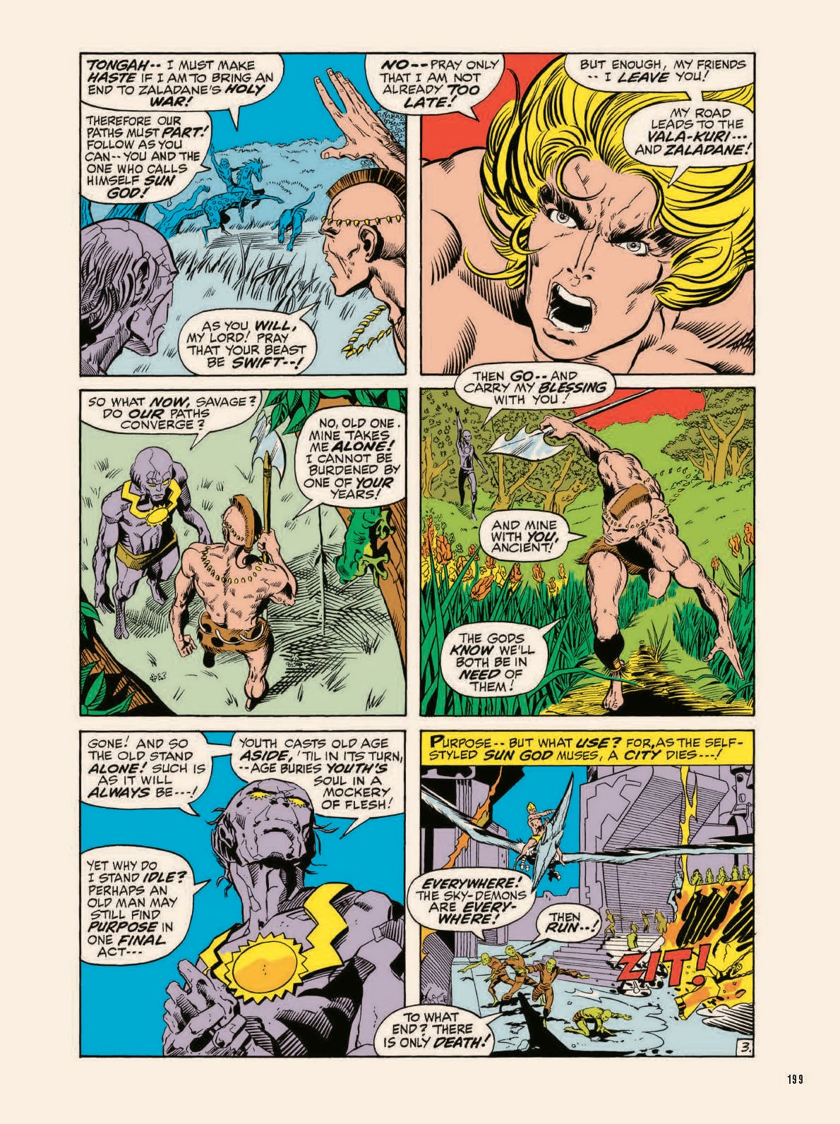 A comic page features Thor speaking with an elderly man in a village, battling a foe, and reflecting on the purpose of life and death. Bright colors and stylized action are prominent.