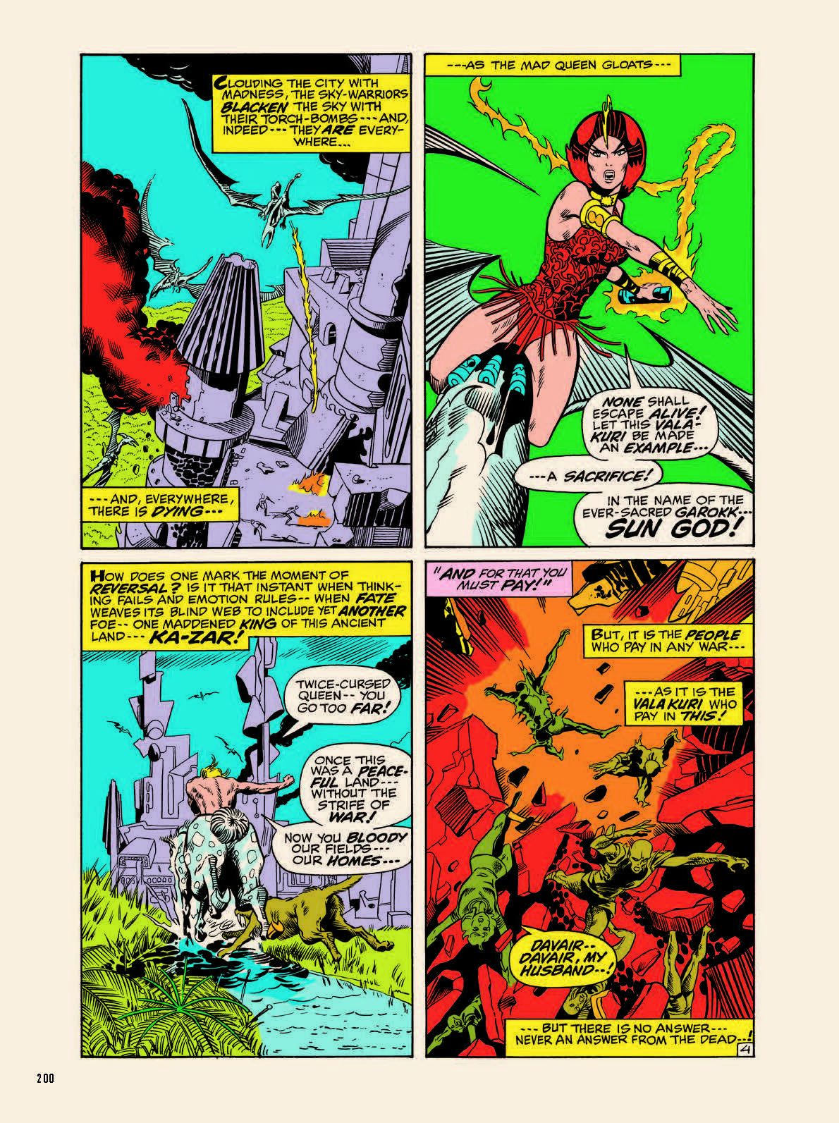 A comic book page with four panels showing scenes of destruction, a woman in a feathered costume, a dinosaur, and warriors fighting amid bright colors and action lines.