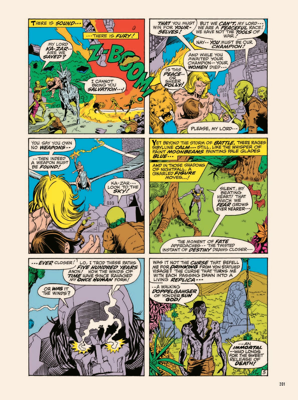 A colorful comic book page with six panels depicting dramatic dialogue and intense action between armored and mystical characters in a rocky, supernatural landscape.