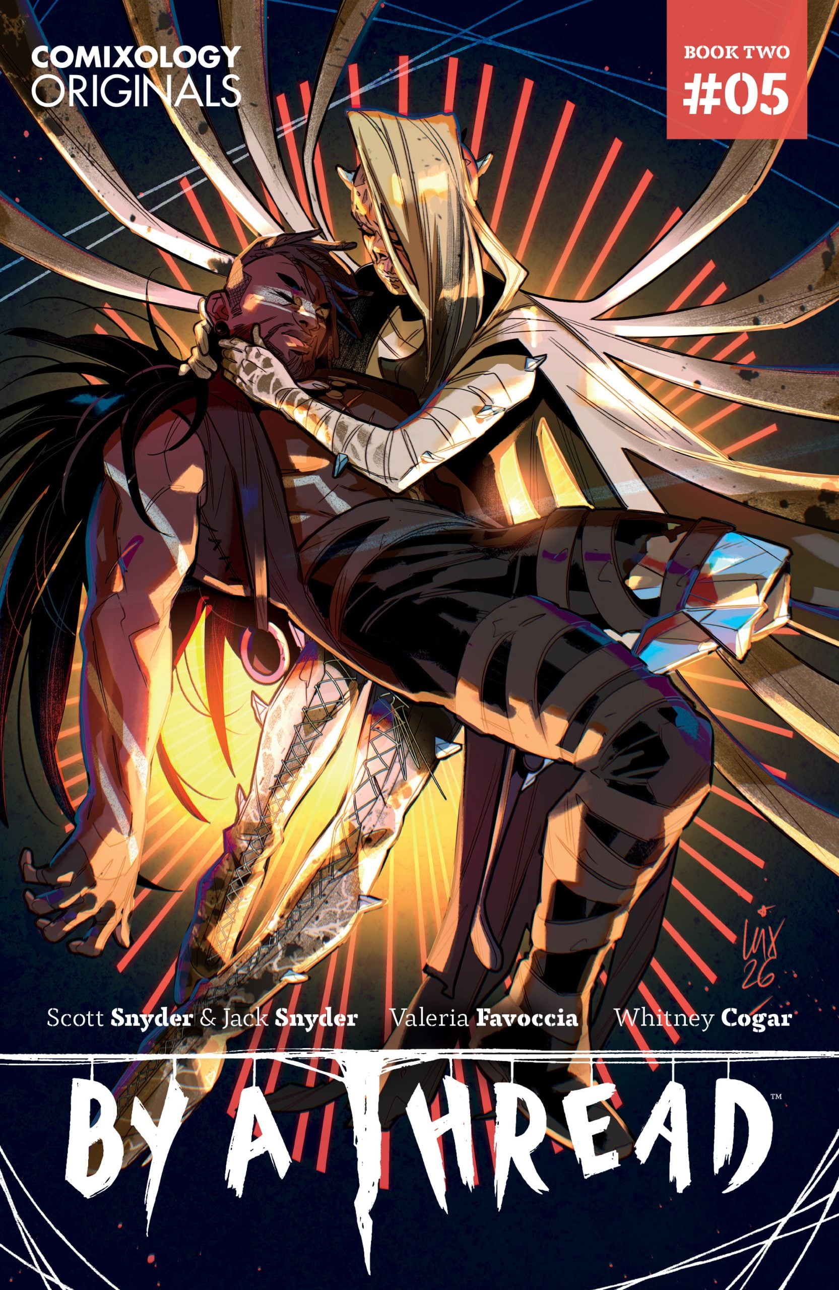 A hooded figure holds an injured, unconscious person in their arms amidst glowing red and gold energy on the comic book cover of "By A Thread" issue #5.