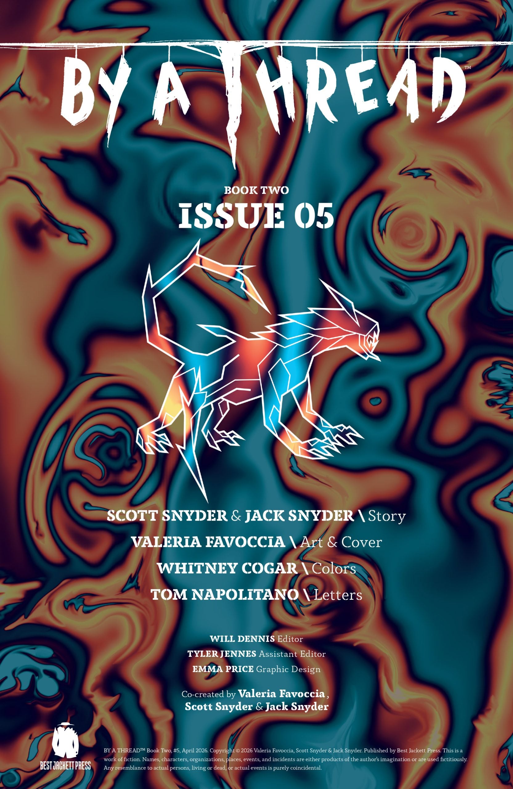 Abstract cover art for "By A Thread: Book Two Issue 05" featuring a stylized animal outline on a swirling, psychedelic background with credits for the creative team.