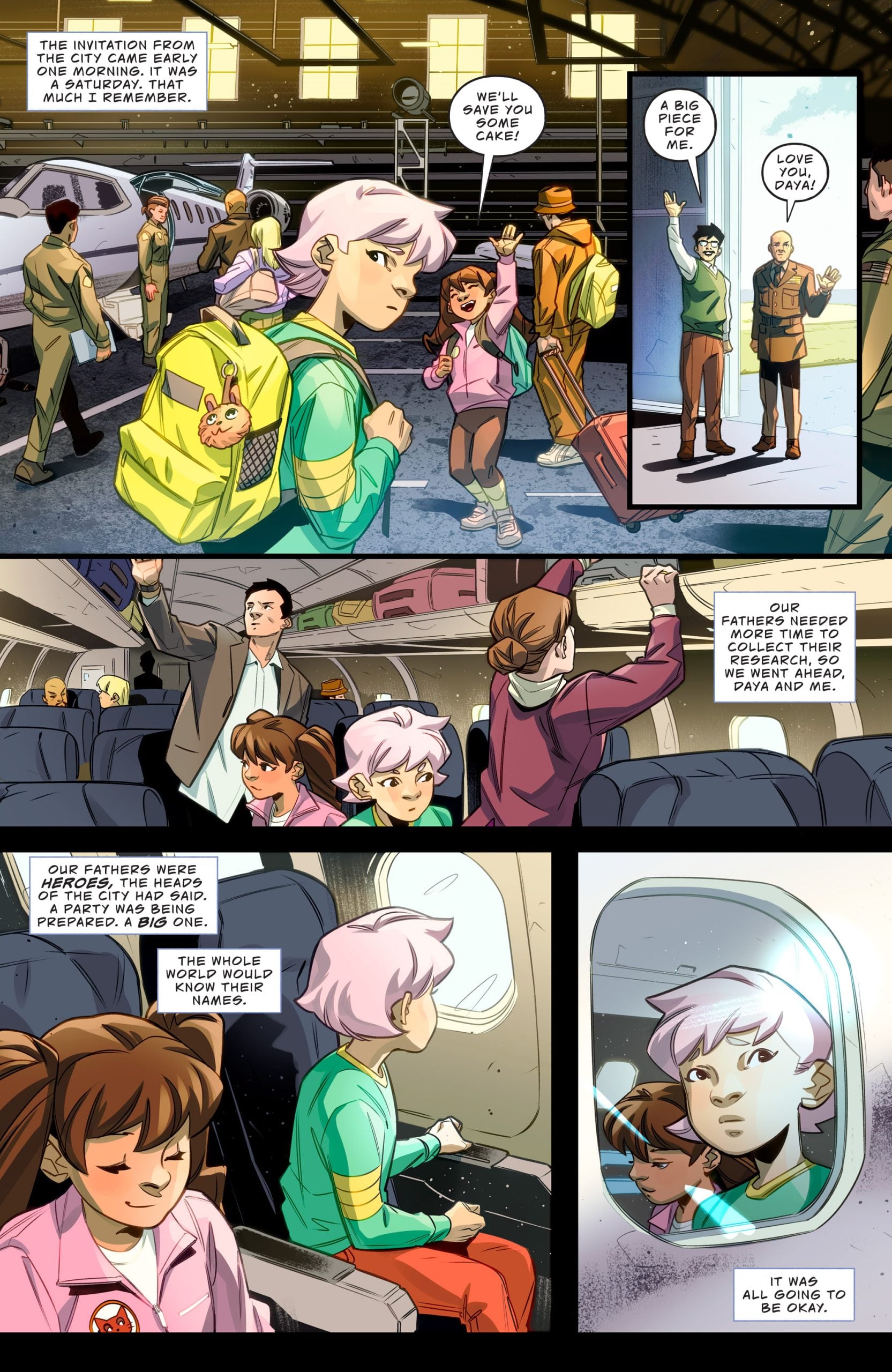 Two children with backpacks walk through an airport with adults, board a plane, and sit by a window while reflecting on their family and journey.