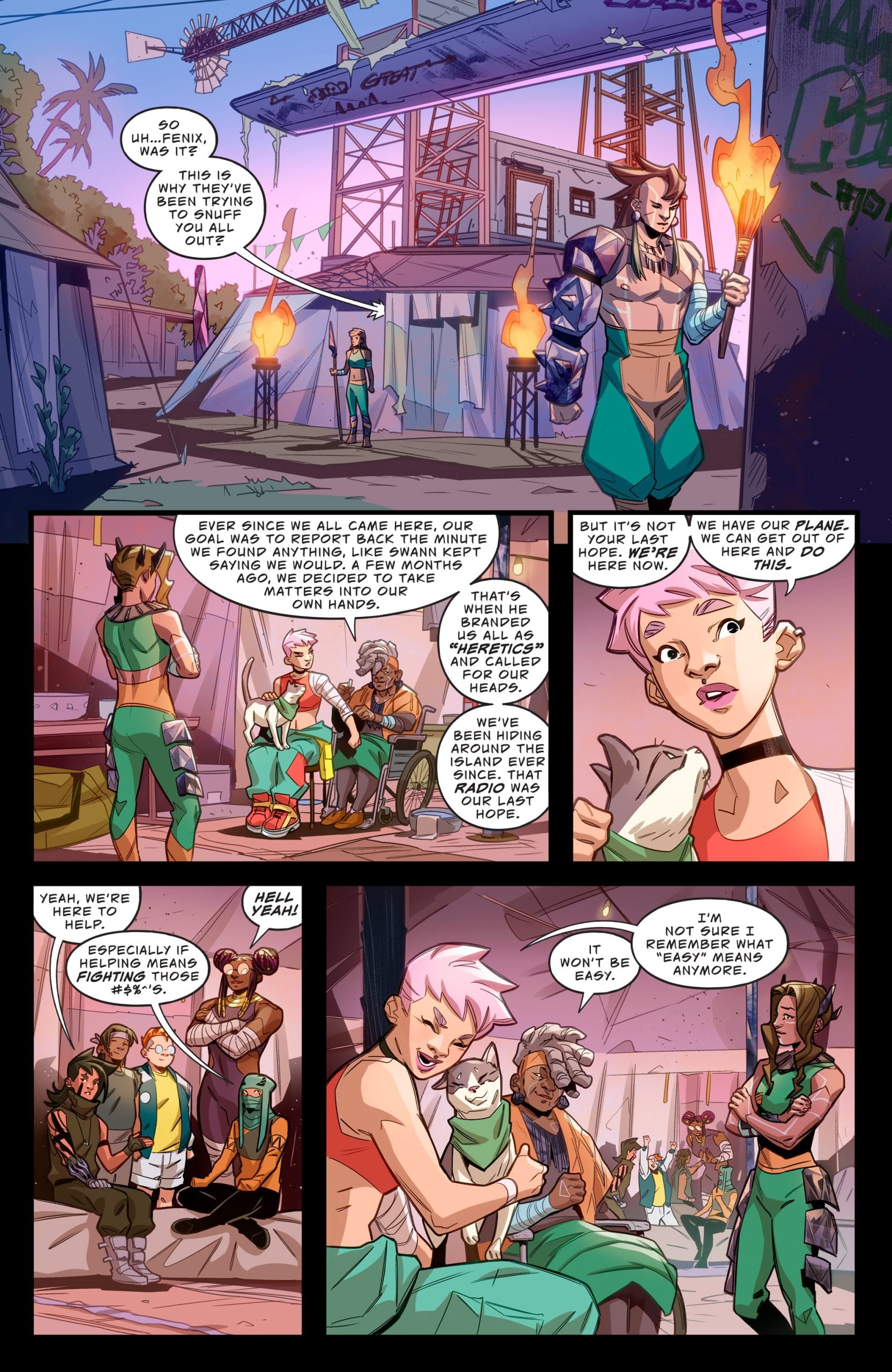 A group of people, including a woman holding a torch and a woman with pink hair holding a cat, converse outside a modern structure with a crane and torches in the background.