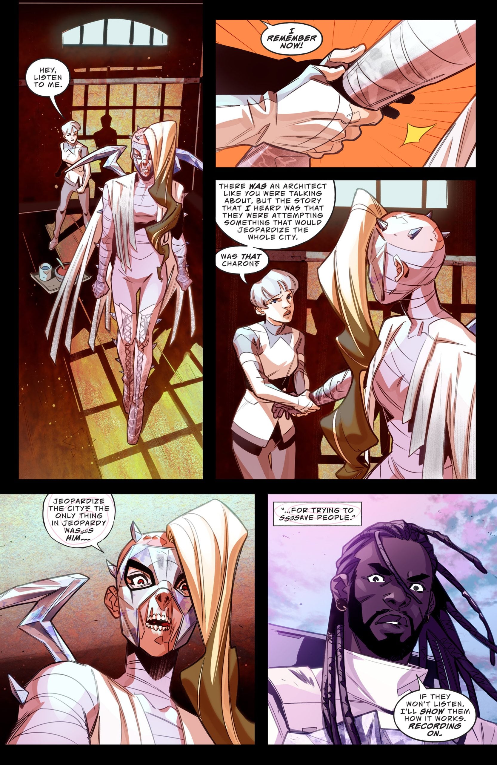 A woman in white enters a sunlit cell to speak with another restrained woman; intense conversation follows, with a close-up on both women’s faces and a man observing them seriously.