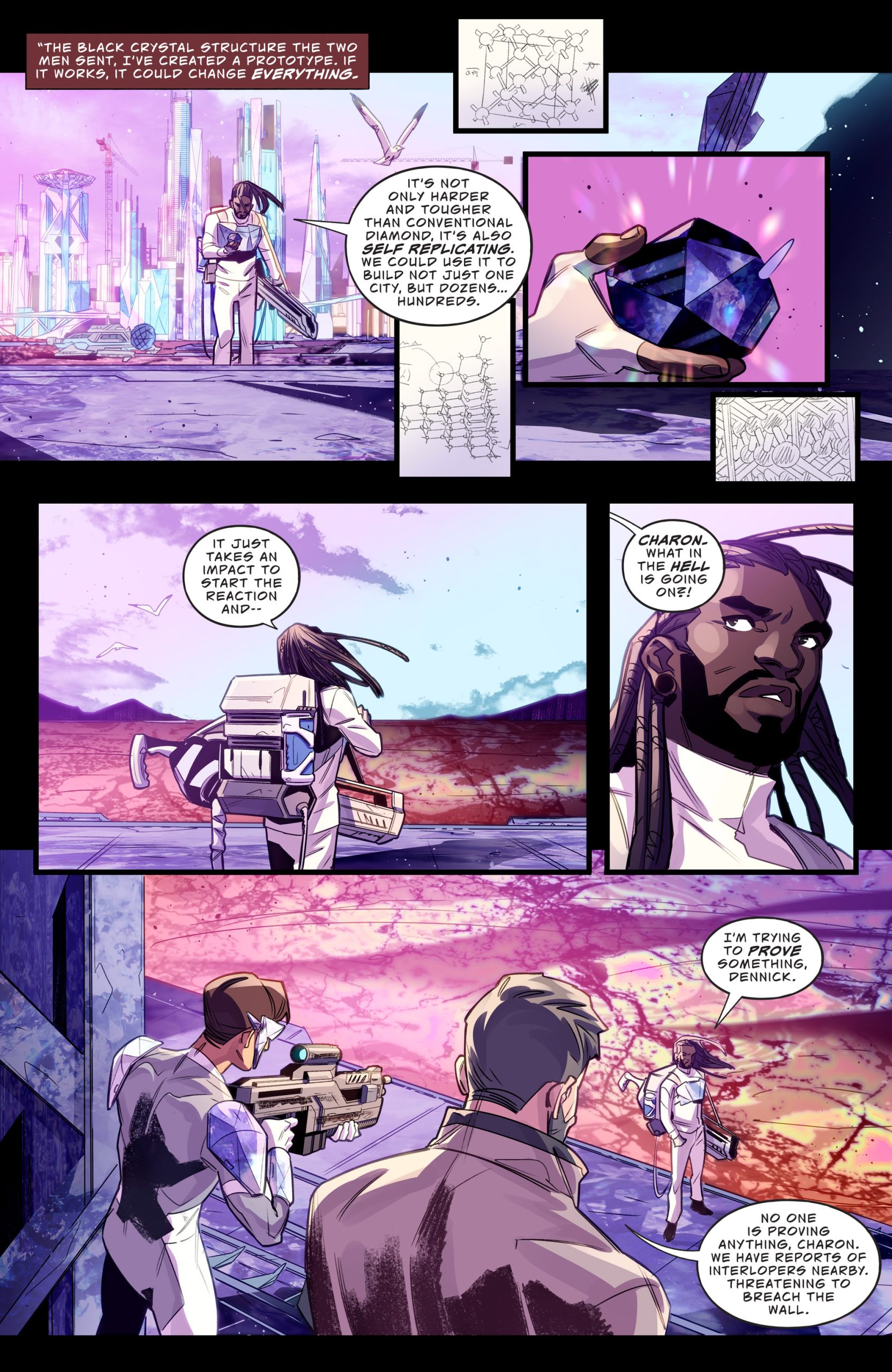 A scientist holds a large black crystal while talking to two others on a futuristic, alien landscape with pink water and crystalline structures.