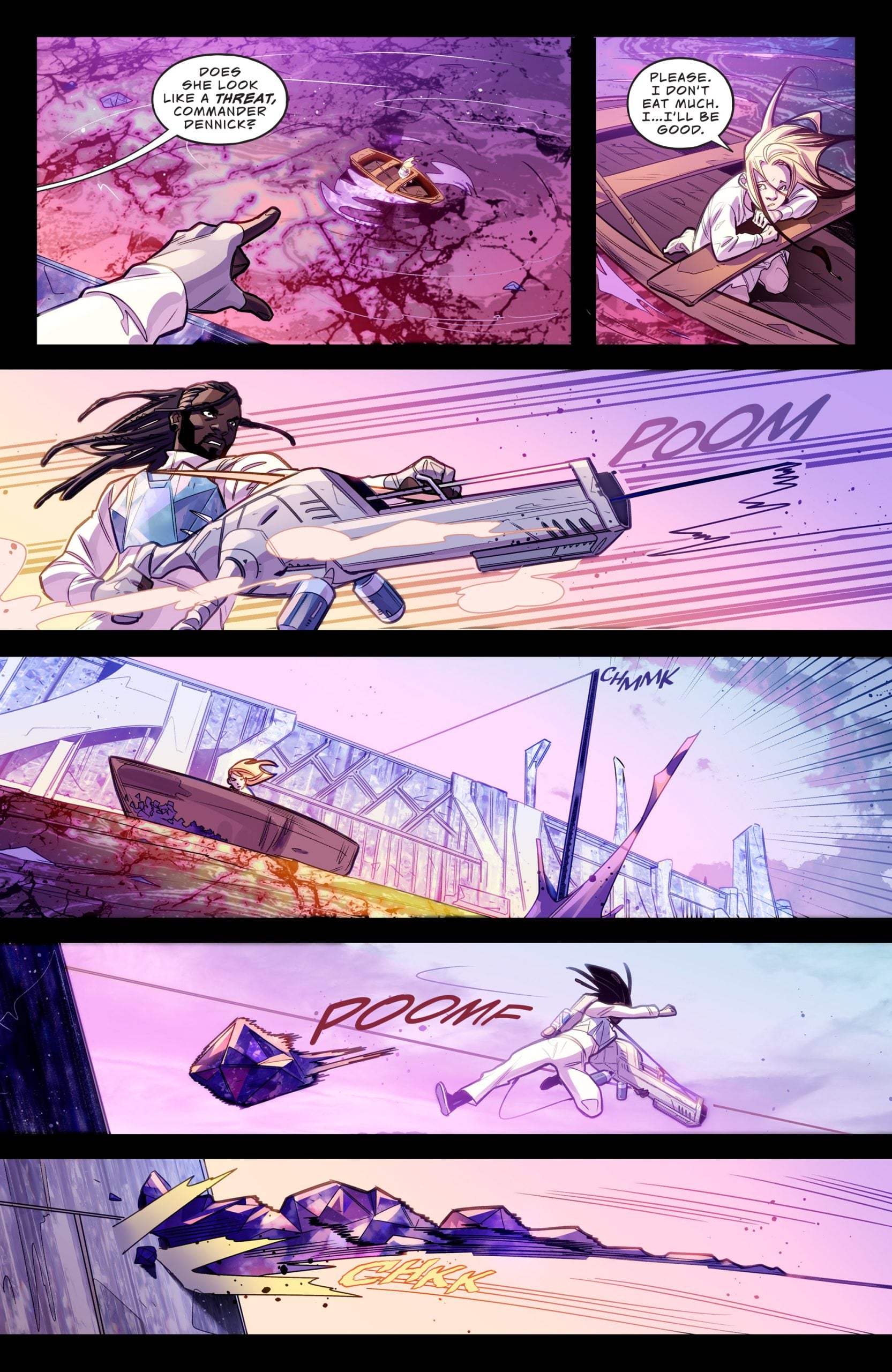 A woman uses a large sword to hit a rock toward a distant target, while another person watches anxiously from a raised platform.