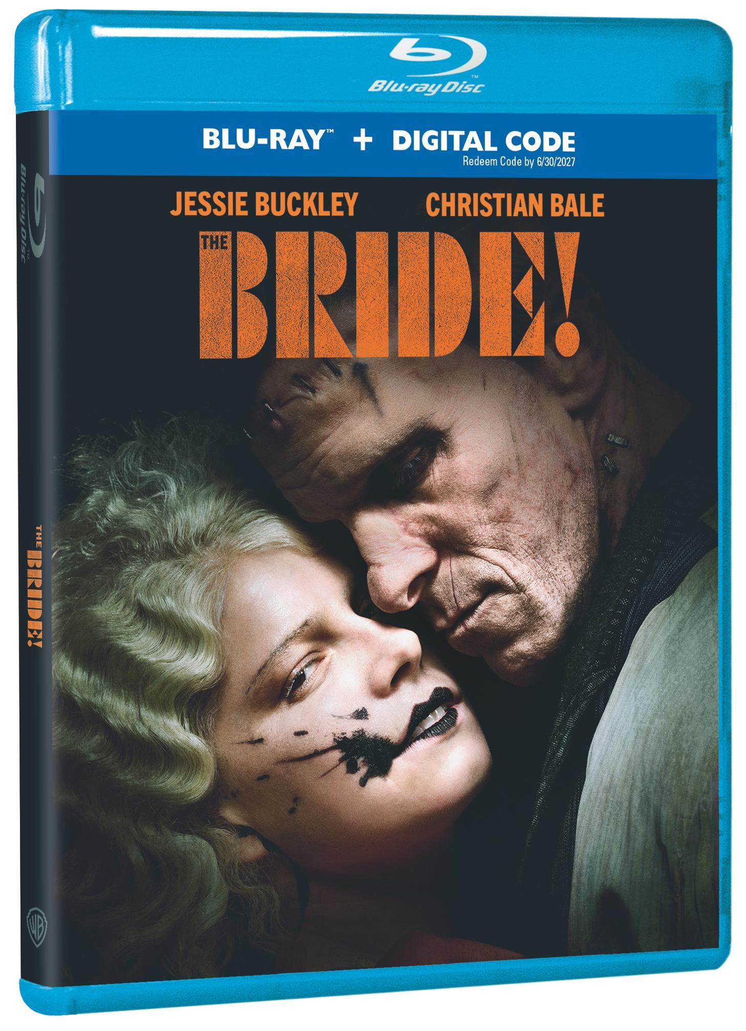 Blu-ray cover for "The Bride!" featuring two characters, one with pale skin and long blonde hair and the other with Frankenstein-like features, embracing against a dark background.
