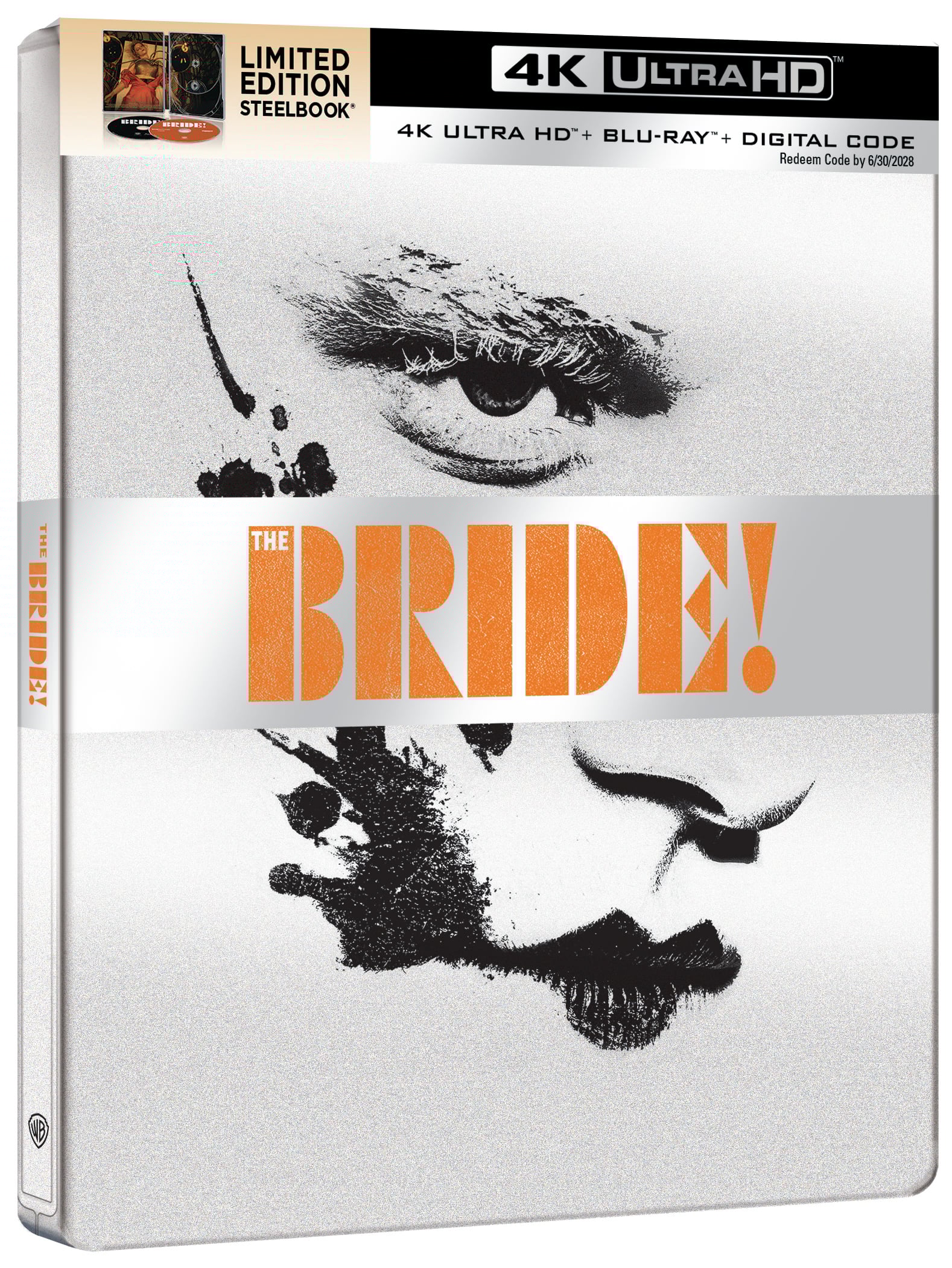 Steelbook case for "The Bride!" 4K Ultra HD, Blu-ray, and digital code, featuring a black and white close-up of a woman's face with orange text.