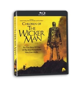 Blu-ray cover for "Children of The Wicker Man" featuring a large wicker figure against a yellow sky, with text highlighting it as a true story of a remarkable film.