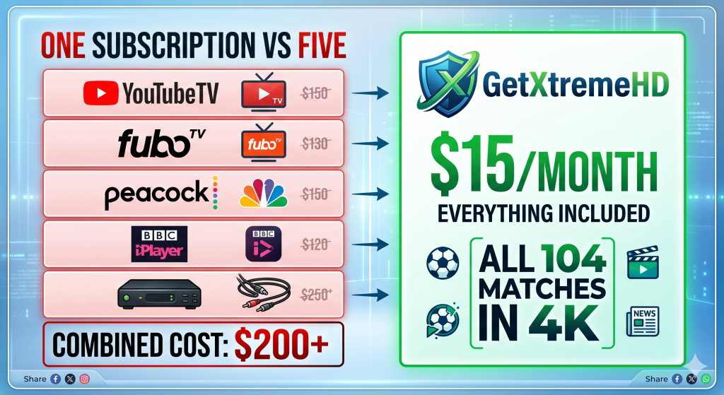 Comparison chart showing five streaming services totaling $200+ vs. GetXtremeHD offering all 104 matches in 4K for $15/month, with icons for sports, devices, and news.