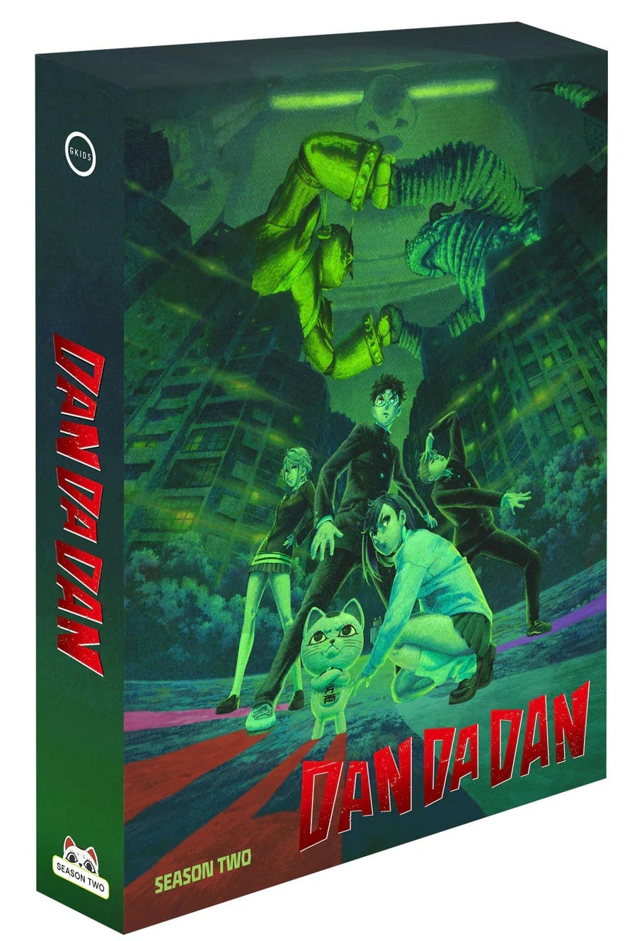 Box set cover for "Dandadan" Season Two, featuring four characters and a small creature in an action pose with a large monster hand above them, set against a city backdrop.