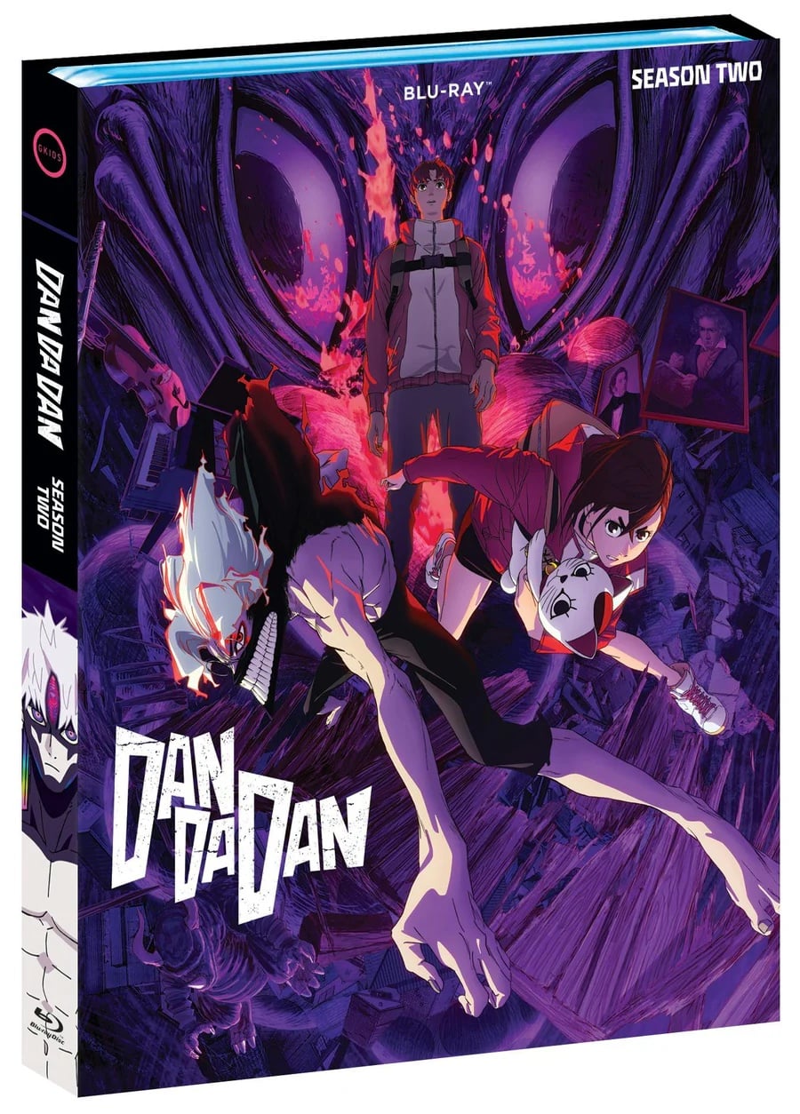 Blu-ray cover for "Dandadan" Season Two featuring three main characters in dynamic poses with a large, ominous creature in the purple-toned background.