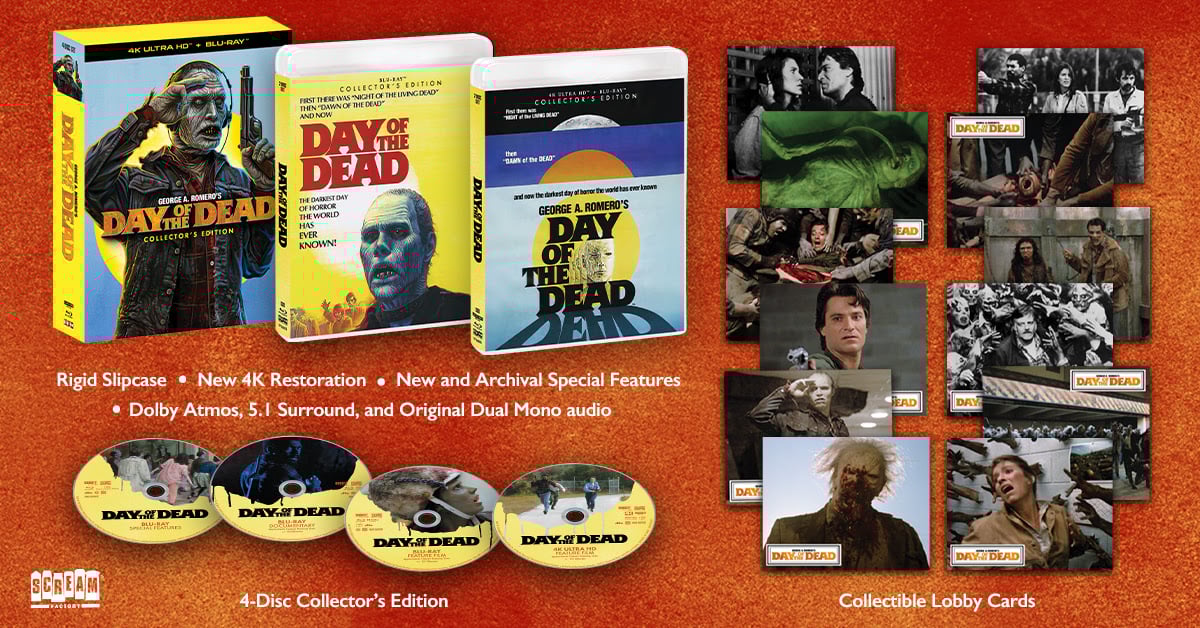 Box set of "Day of the Dead" includes four discs, collectible lobby cards, and a slipcase, featuring restored film and special features.