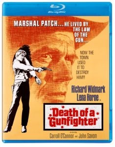 Blu-ray cover for "Death of a Gunfighter" featuring a sheriff pointing a gun, large text, and cast names including Richard Widmark and Lena Horne.