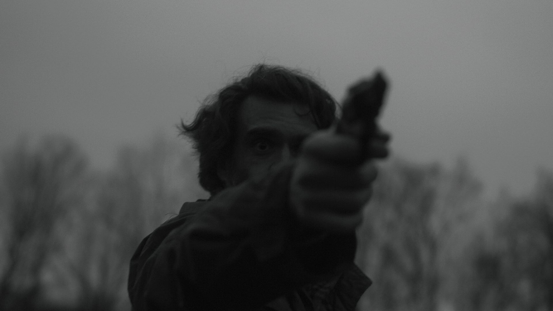 A person points a handgun directly at the camera in a dimly lit, outdoor setting with bare trees in the background.