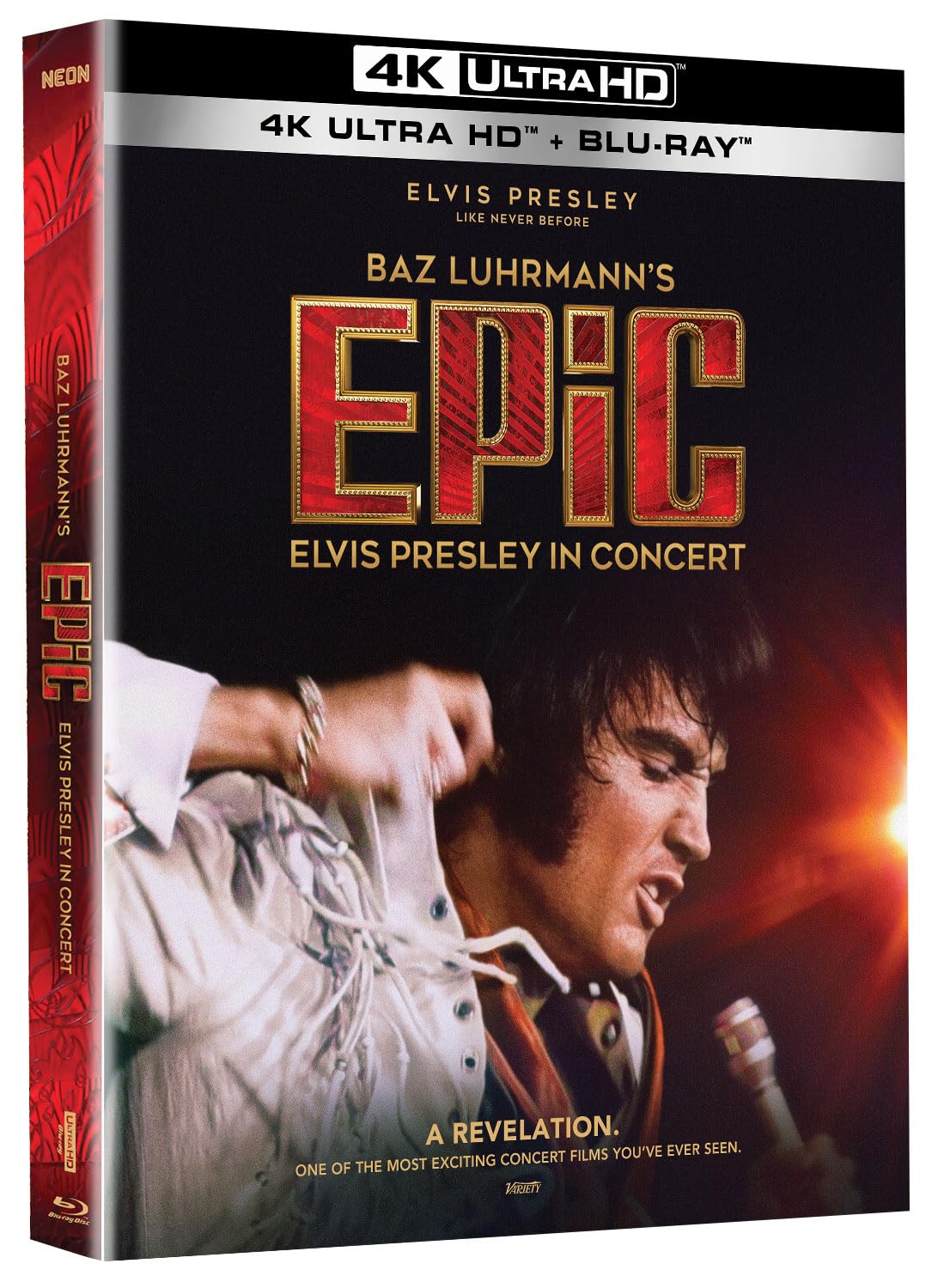 4K Ultra HD + Blu-ray box for "Baz Luhrmann's Epic: Elvis Presley in Concert" featuring an image of Elvis Presley performing passionately on stage.