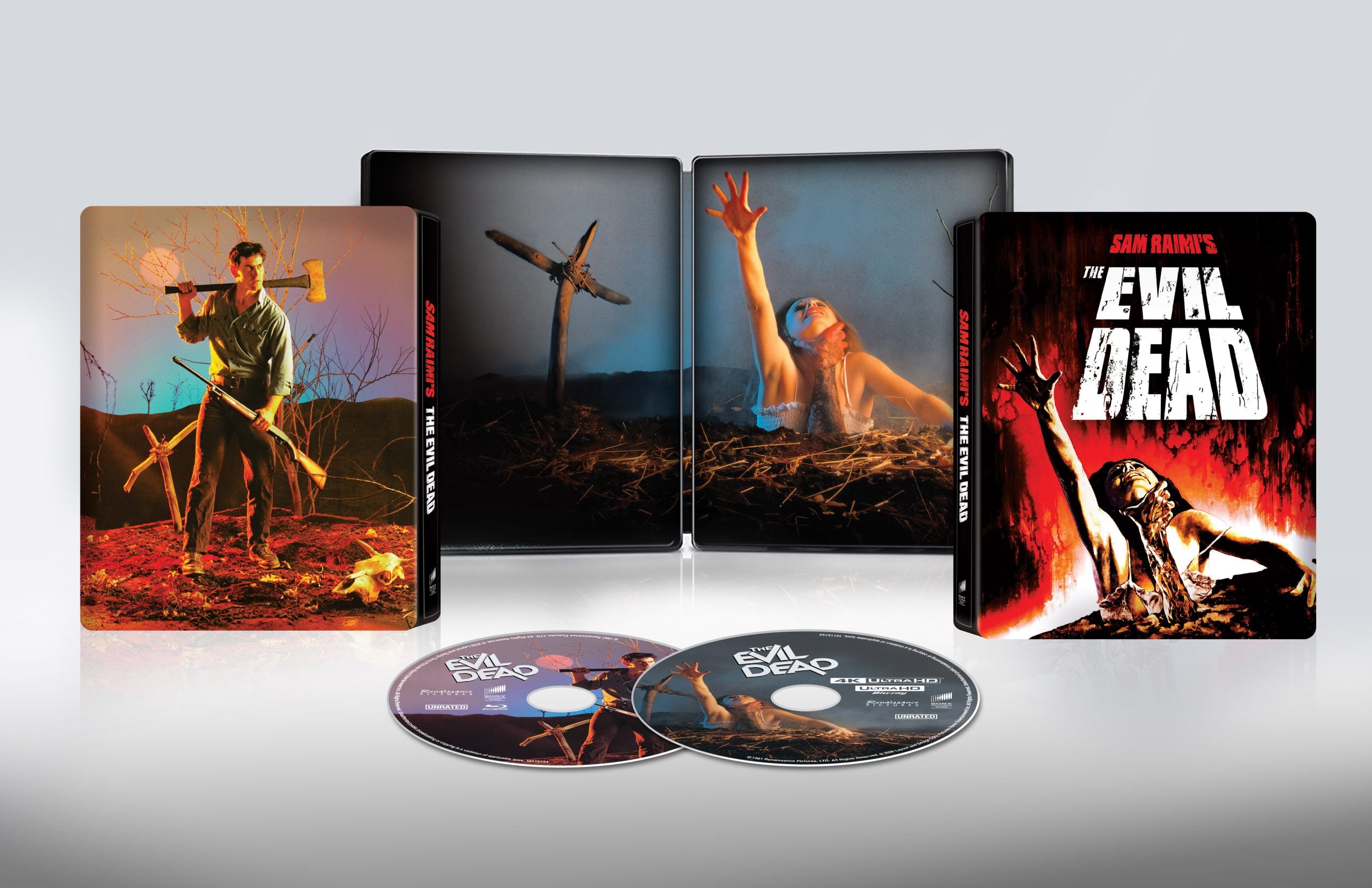 The Evil Dead limited edition set with steelbook case, cover art, two discs, and interior artwork featuring scenes from the film.